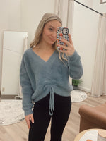 Dusty Blue Fuzzy Ruched Sweater