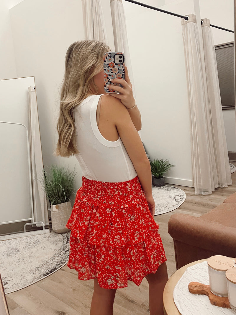 Red Floral Tiered Skirt