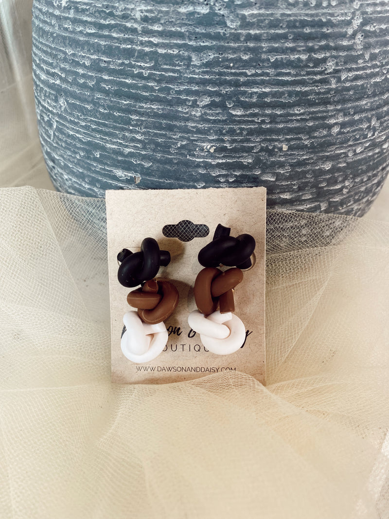 Black, Brown, and White Set of Three Small Clay Knot Earring Studs