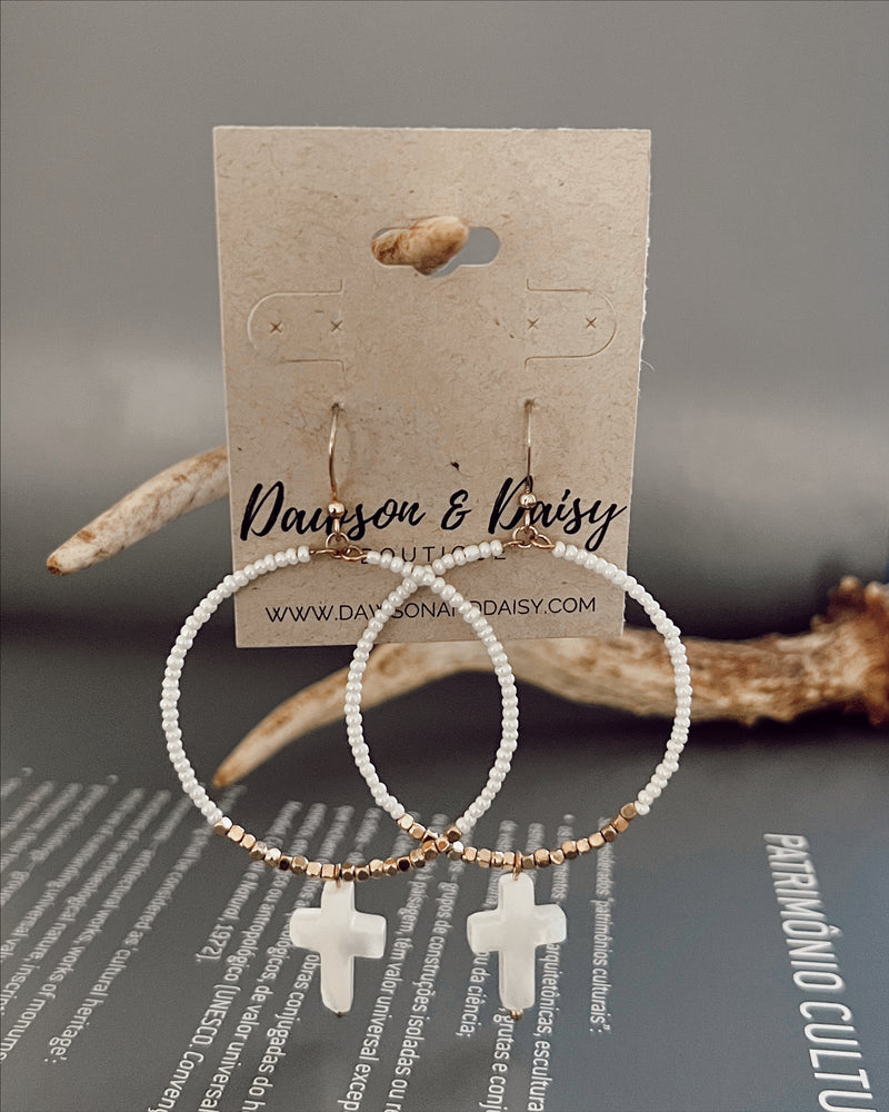 Gold/White Cross Dangle Earrings