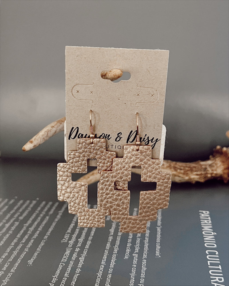 Rose Gold Cross Cut Out Leather Earrings