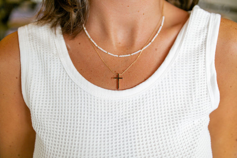 Natural Crystal with Gold Cross Layered 16"-18" Necklace