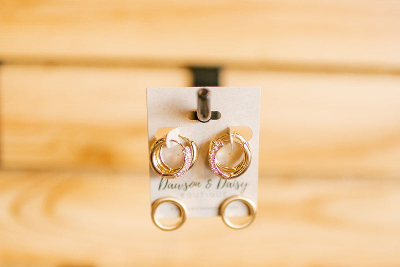 Matte Gold Set of 3 Sold Huggie, Rhinestone Huggie, and Circle Stud Earrings