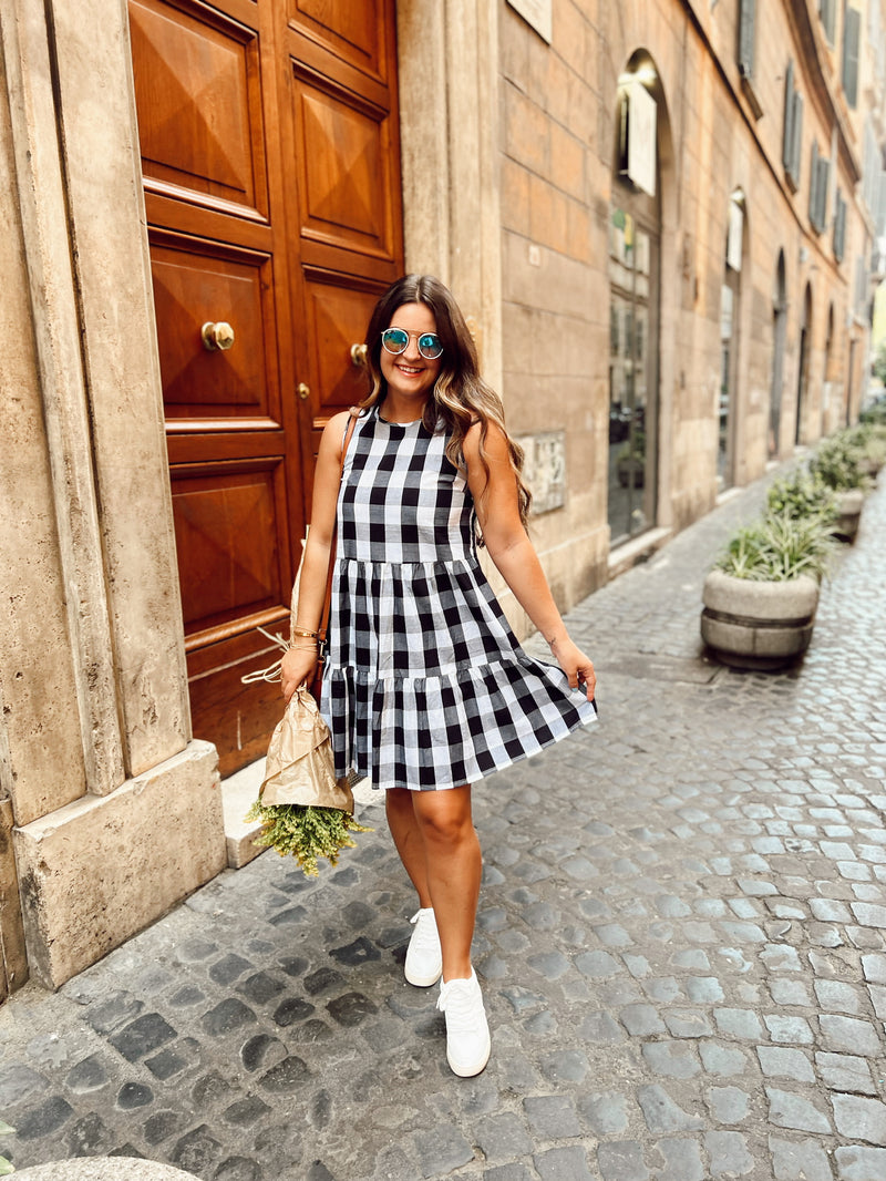 Black and White Checkered Tiered Dress