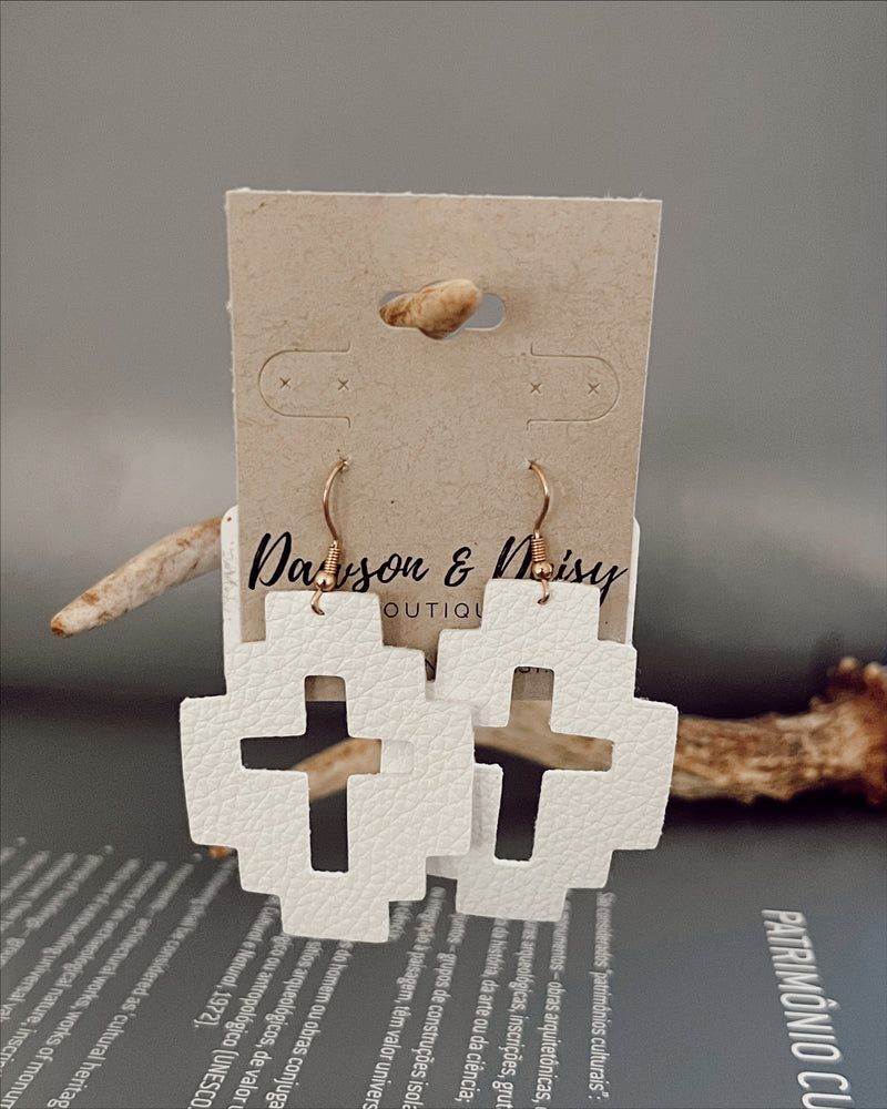 White Cross Cut Out Leather Earrings