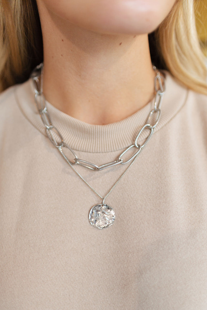Silver Chain with Coin Layered 17-19" Necklace