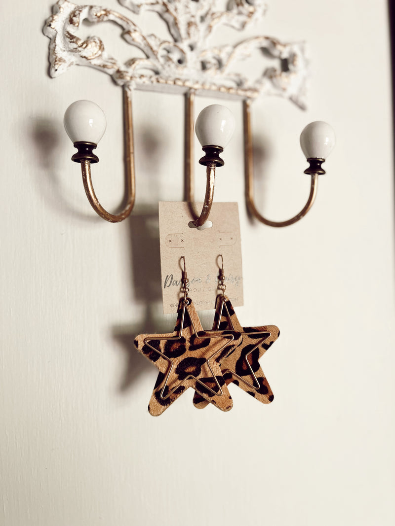 Leopard/Beige Leather Star & Gold Outline Earrings