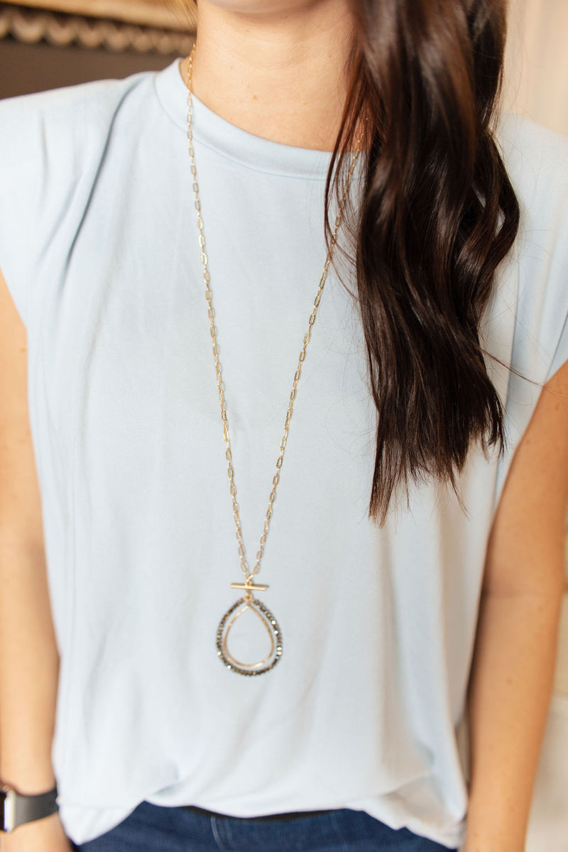 Grey Crystal and Gold Layered Teardrop 34" Necklace
