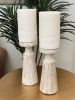Large Candle Holder Wood Pillar 10"H White Wash