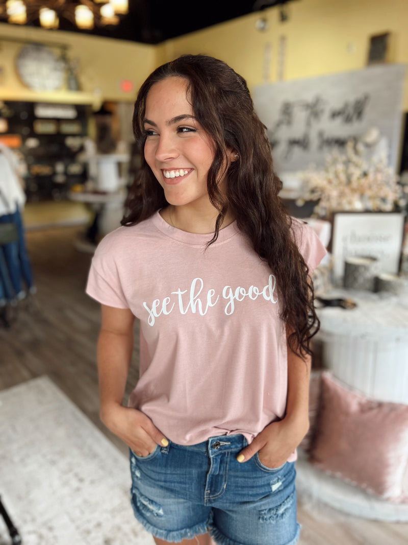 Rose Quartz “See the Good” Muscle T-Shirt