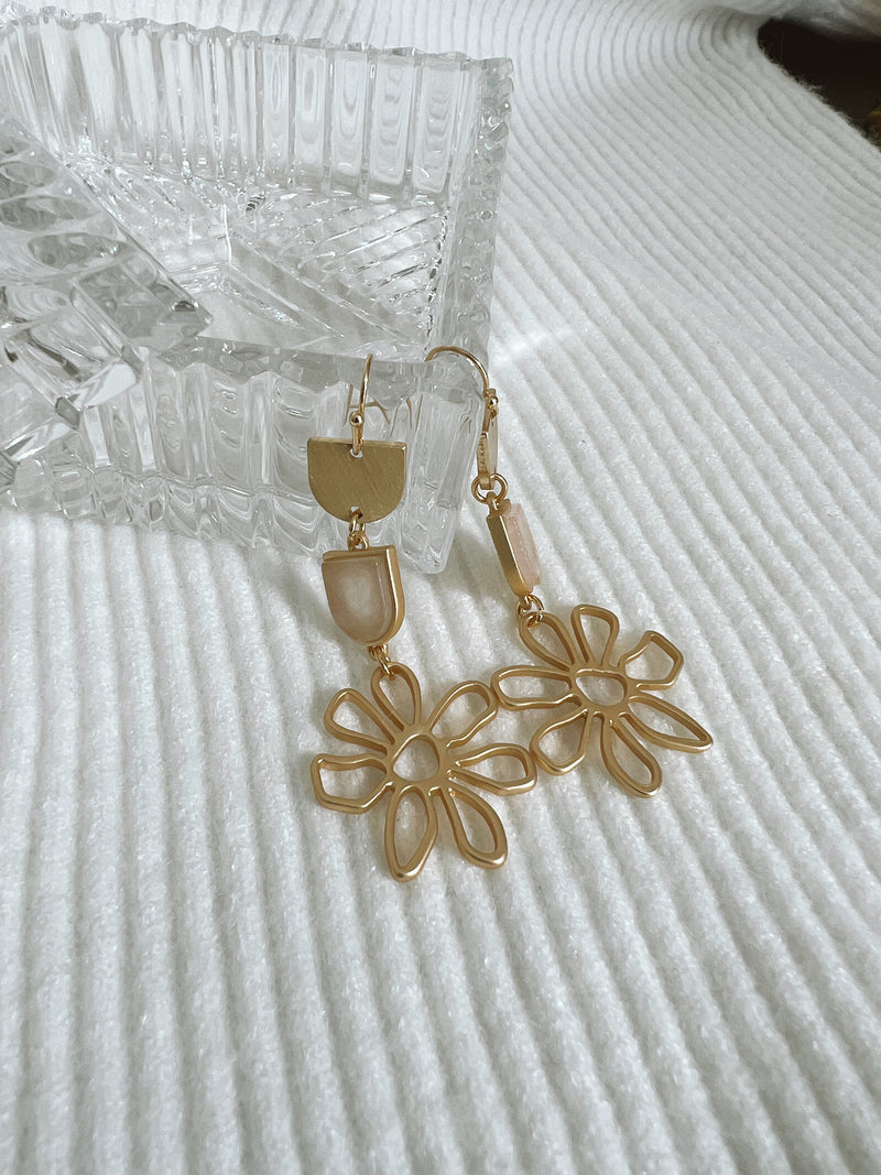 Gold Open Flower with Pink Natural Stone 2" Drop Earrings