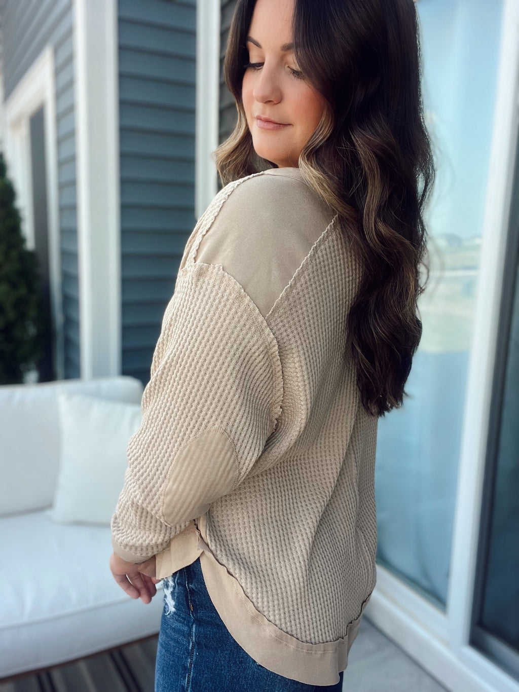 Taupe Waffle Knit Oversized Patch Top
