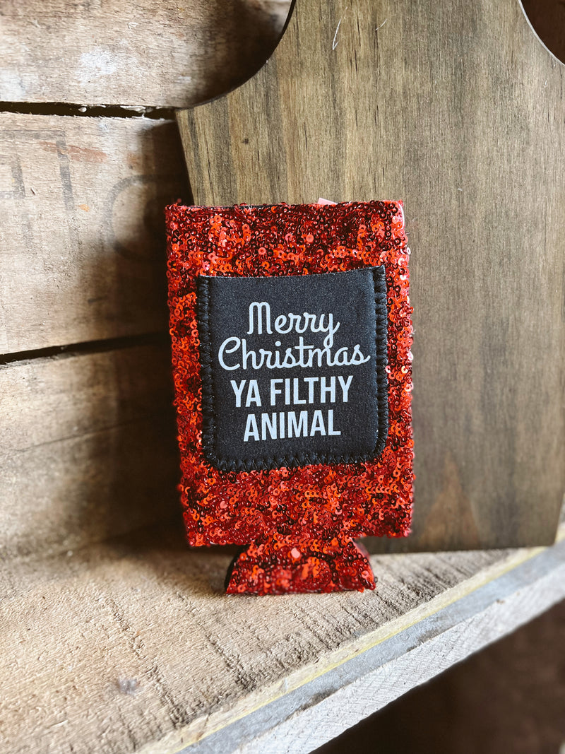 Red Sequin Merry Christmas SLIM Can Cooler