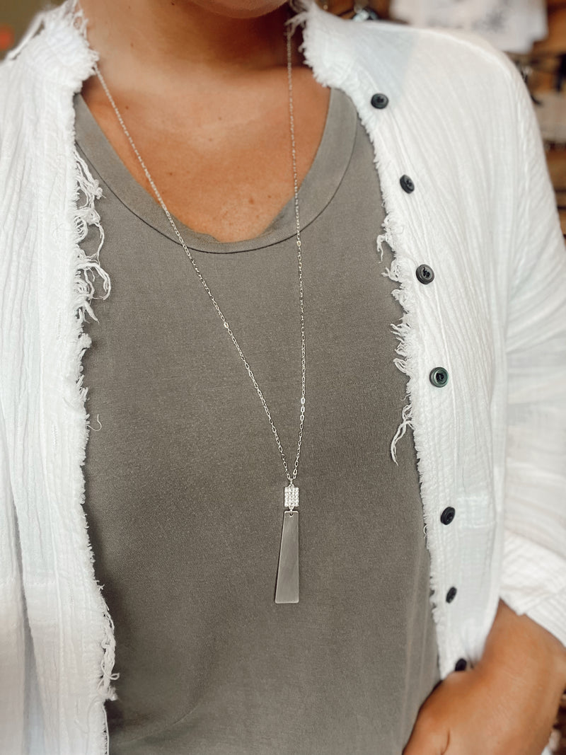 Matte Silver Rectangle with Rhinestone 34" Necklace